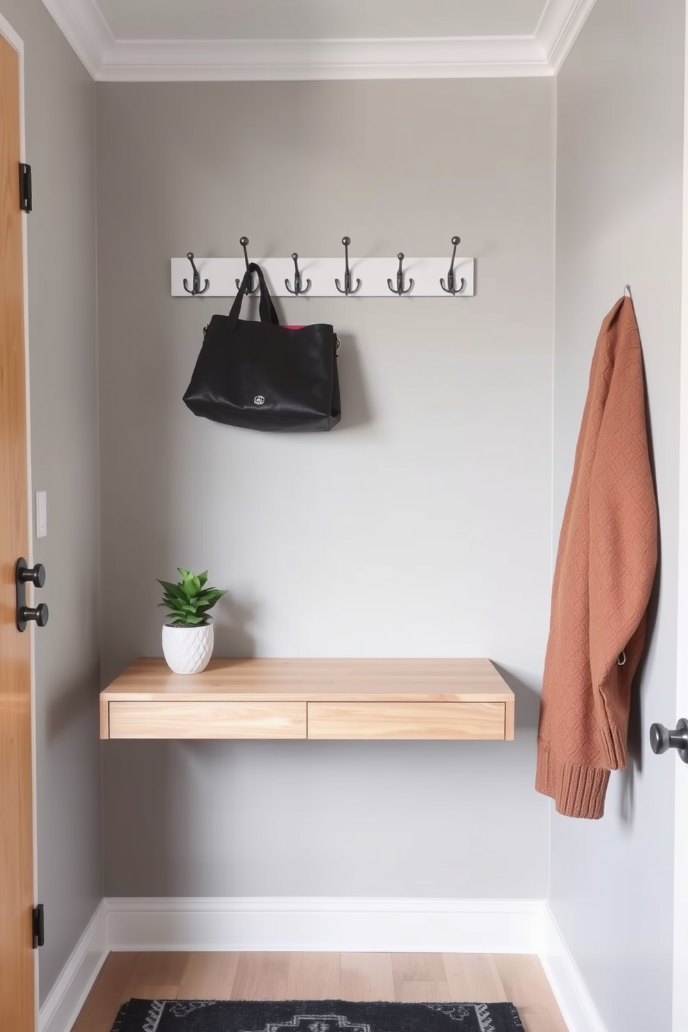 A compact entryway featuring a sleek console table with a light wood finish. Above the table, a series of stylish hooks are mounted on the wall for hanging coats and bags. The walls are painted in a soft gray tone, creating an inviting atmosphere. A small potted plant sits on the table, adding a touch of greenery to the space.