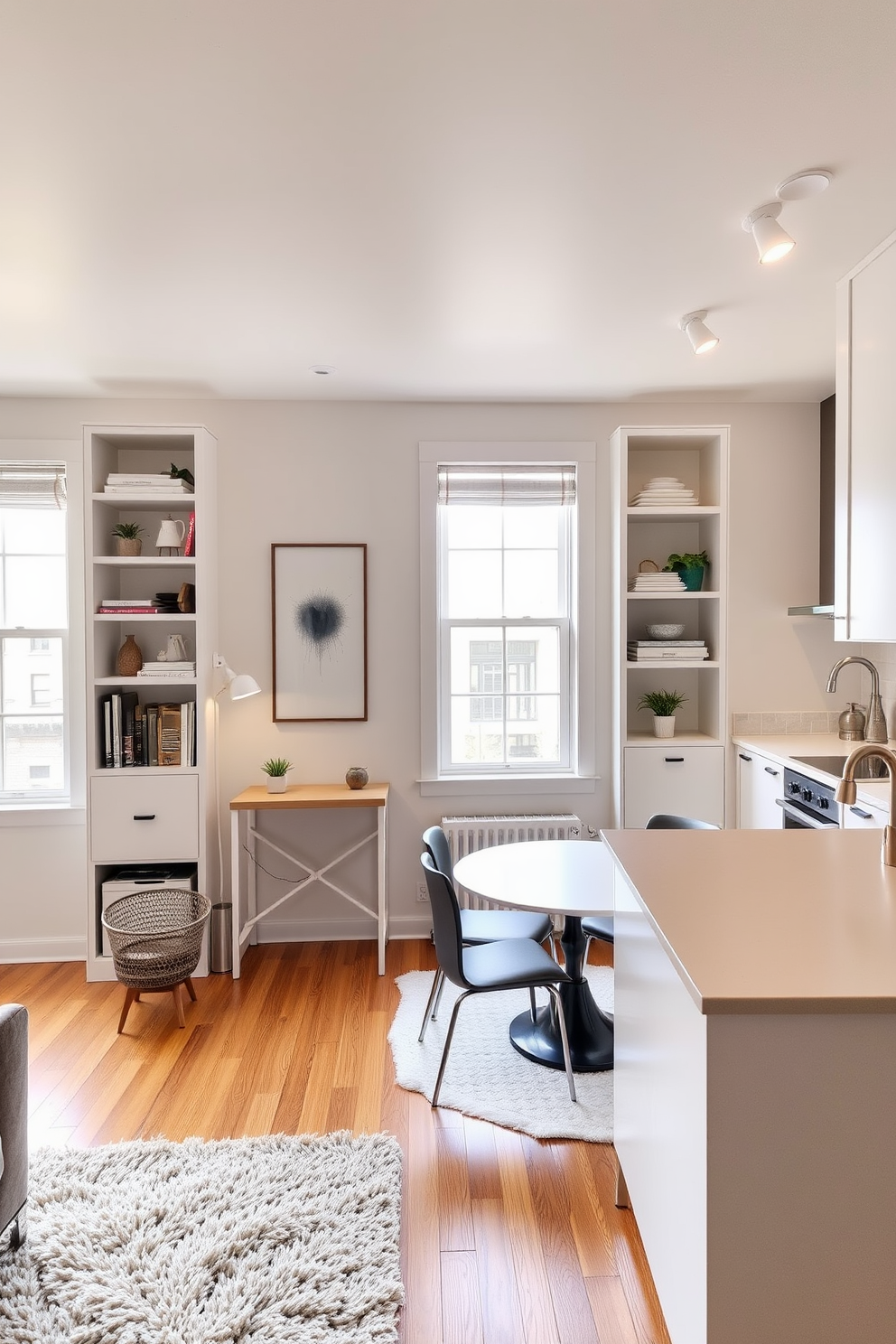 A stylish railroad apartment featuring a cozy living area that maximizes corner spaces with built-in shelves and a compact desk. The walls are painted in a light neutral color to enhance the natural light, while a plush area rug defines the seating area. The kitchen showcases a sleek design with open shelving in the corners to display dishware and decorative items. A small dining nook is created with a round table and chairs, positioned near the window for a bright and inviting atmosphere.