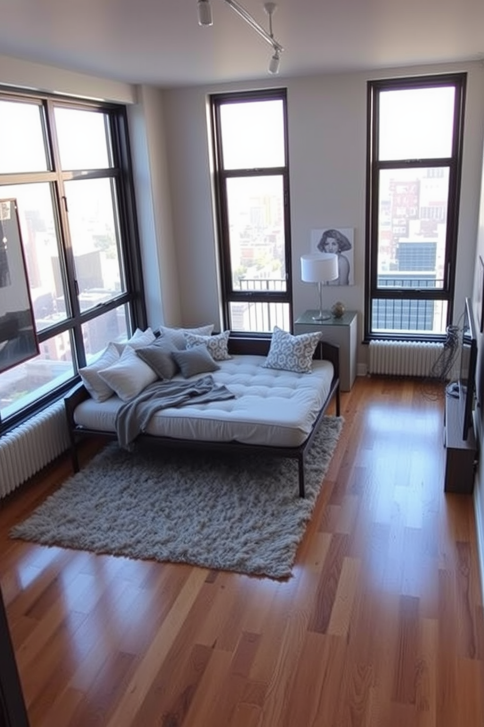 A stylish railroad apartment featuring a versatile daybed that serves as both a seating area and a guest bed. The space is adorned with large windows allowing natural light to flood in, highlighting the warm wood tones of the flooring. The living area showcases an open layout with a cozy sitting nook, complemented by a plush area rug and contemporary artwork on the walls. The daybed is dressed in soft linens and decorative pillows, creating an inviting focal point for relaxation and leisure.