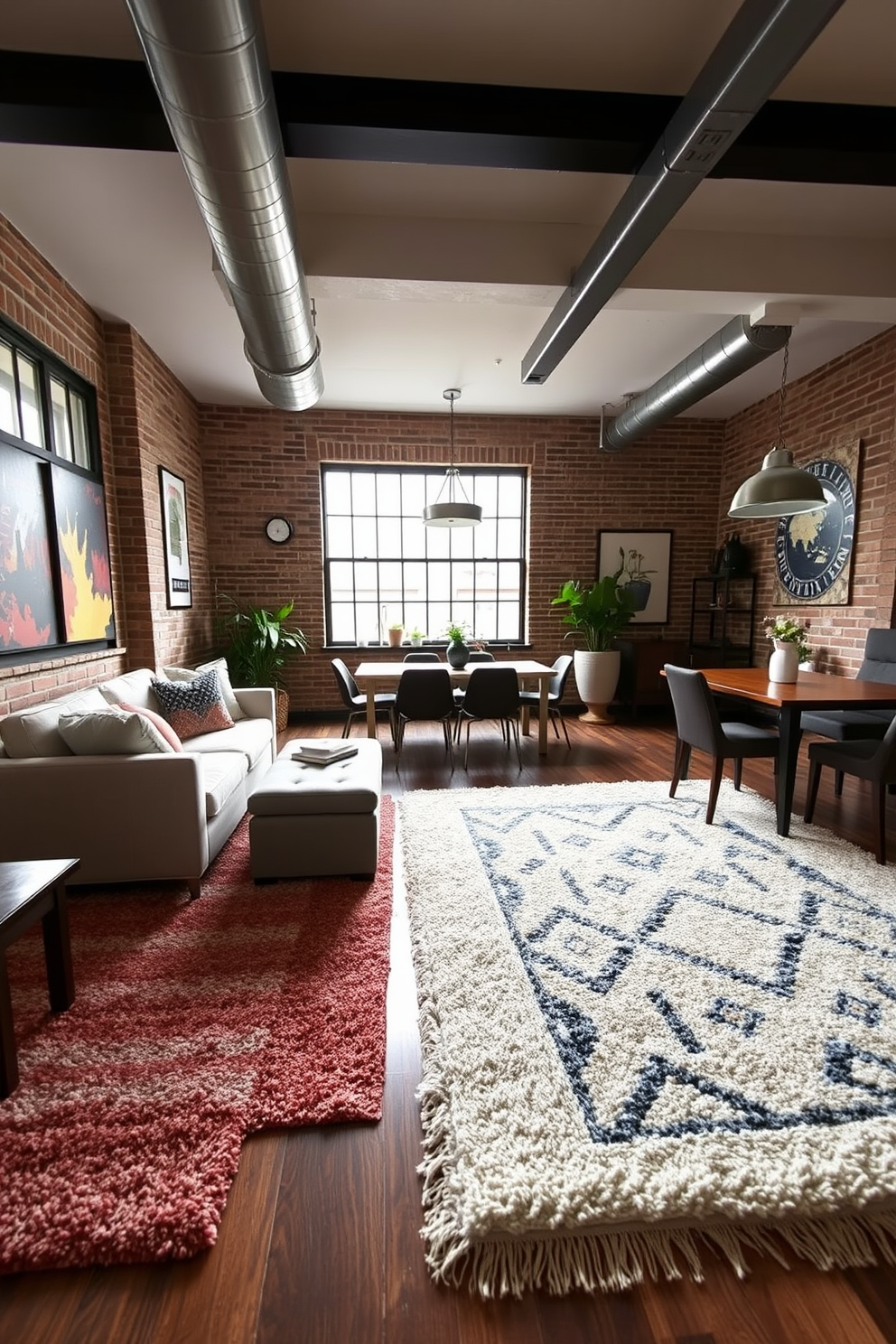 Create a cozy living space that features distinct zones defined by plush area rugs. The first zone includes a comfortable seating arrangement with a sofa and armchairs, while the second zone showcases a dining area with a stylish table and chairs, all harmonized by complementary rug patterns. Incorporate industrial elements like exposed brick walls and metal light fixtures to enhance the railroad apartment aesthetic. Use a neutral color palette with pops of color in the decor to create a warm and inviting atmosphere.