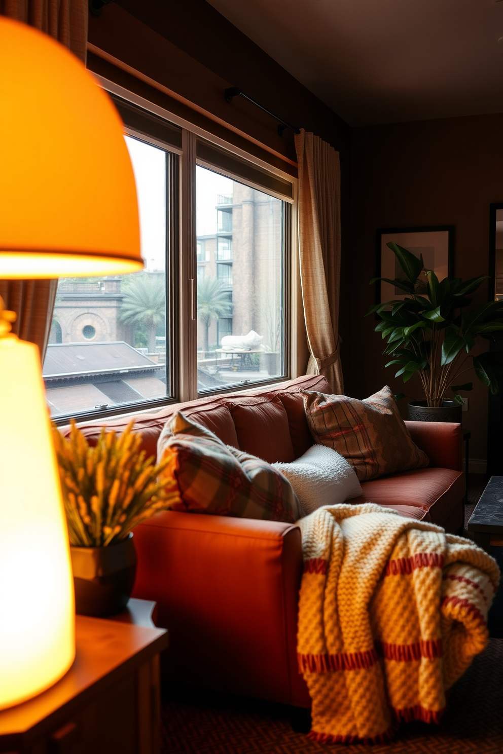 Create a cozy atmosphere with warm ambient lighting in a Railroad Apartment. Incorporate soft textures and layered furnishings to enhance the inviting feel of the space.