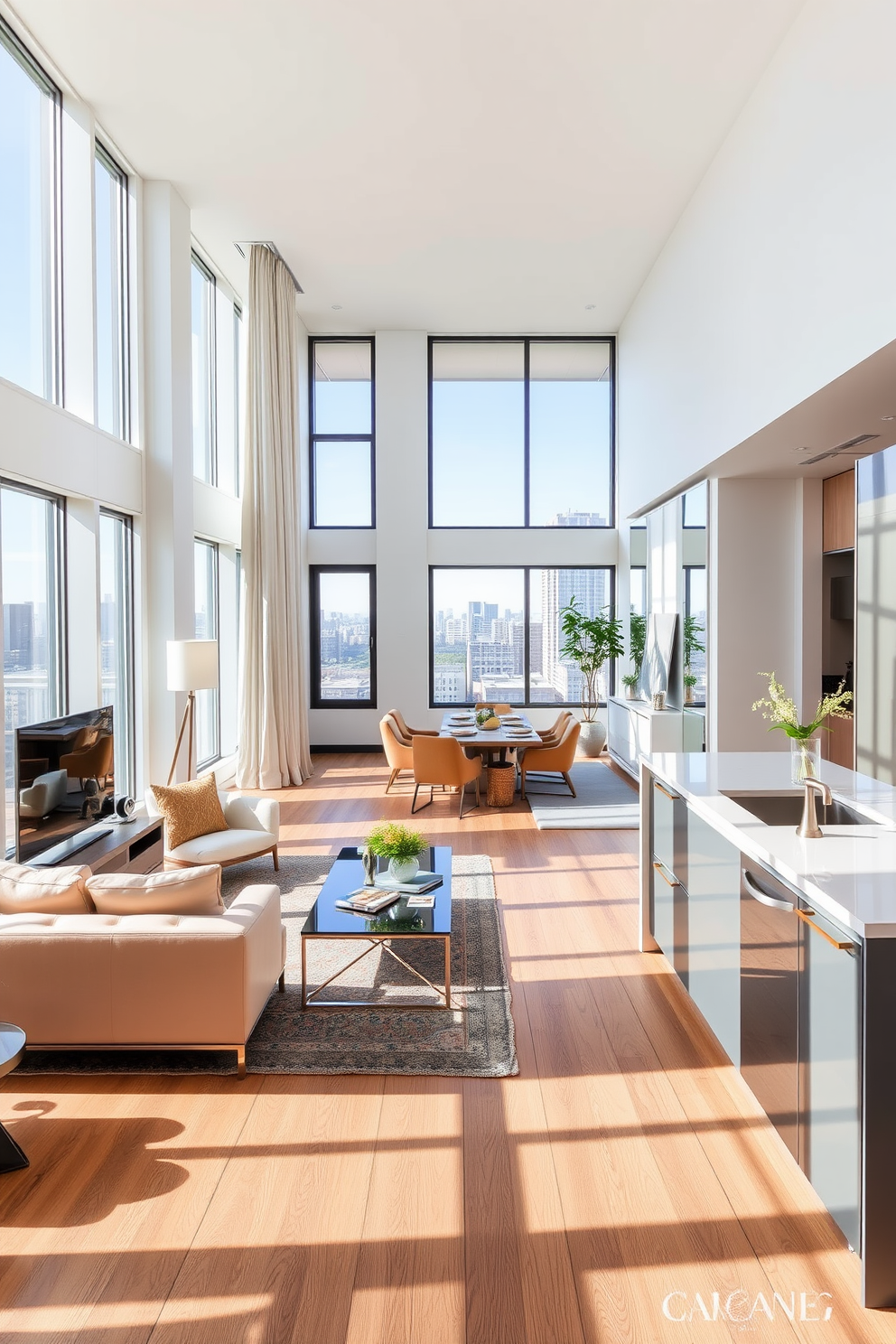 A stylish railroad apartment featuring an open layout that maximizes space. The living area is bright and airy with large windows allowing natural light to flood in. Incorporate mirrors along the walls to enhance depth and reflect light throughout the space. The kitchen area boasts sleek cabinetry and a modern island that serves as both a cooking and dining space.