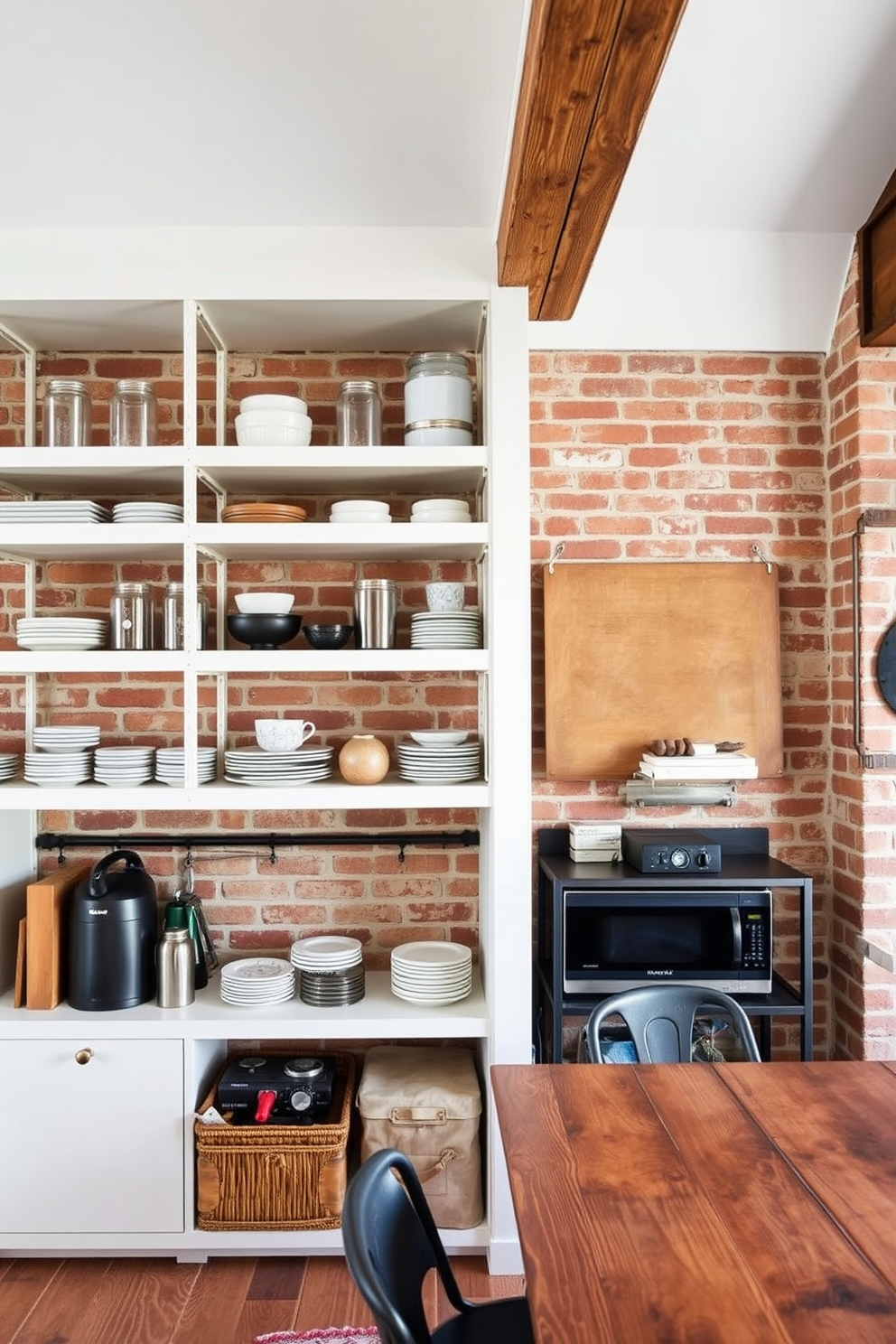 Open shelving is utilized for kitchen storage, creating an airy and modern feel. The shelves are filled with neatly arranged dishware and decorative jars, adding both functionality and style to the space. The kitchen features a blend of industrial and vintage elements, showcasing exposed brick walls and wooden beams. A rustic dining table sits adjacent to the kitchen area, enhancing the warm and inviting atmosphere of the railroad apartment design.