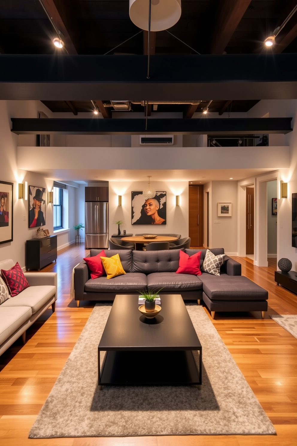 A stylish railroad apartment with an open layout featuring cozy living spaces. The walls are adorned with modern art, and a plush sectional sofa invites relaxation. Wall-mounted lighting fixtures illuminate the room, casting a warm glow over the hardwood floors. A sleek coffee table sits in the center, surrounded by vibrant accent pillows and a soft area rug.