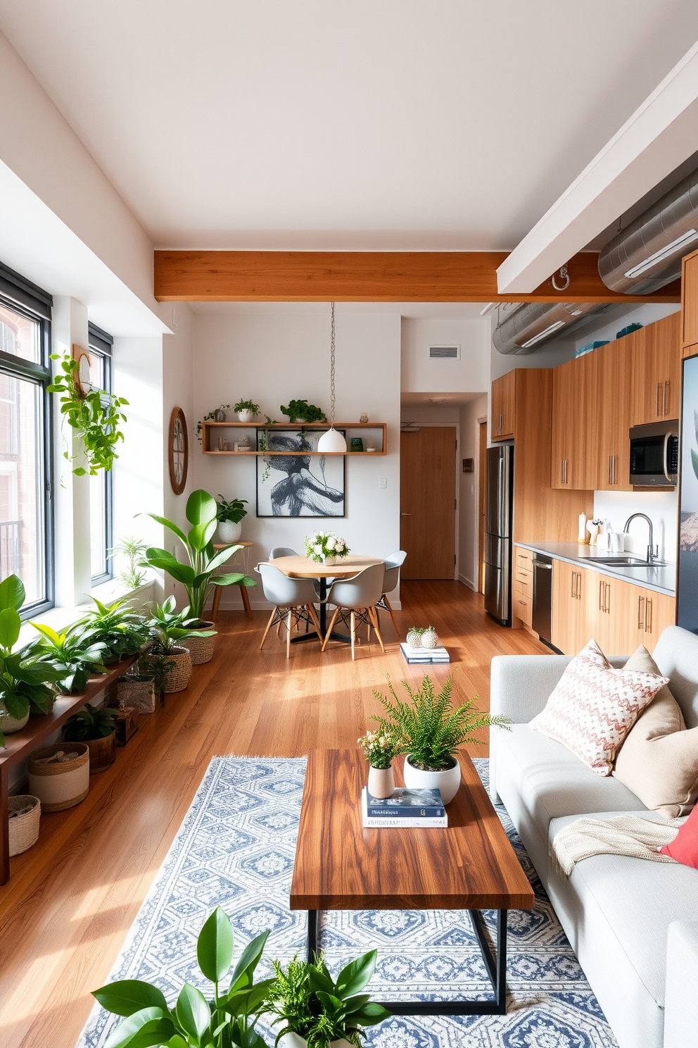 A stylish railroad apartment featuring an open layout that maximizes space and light. The living area showcases a cozy sofa paired with a sleek coffee table, while a vibrant collection of potted plants adds a refreshing touch throughout the room. In the kitchen, modern cabinetry is complemented by stainless steel appliances and a charming breakfast nook. The use of warm wood tones and soft lighting creates an inviting atmosphere perfect for entertaining.