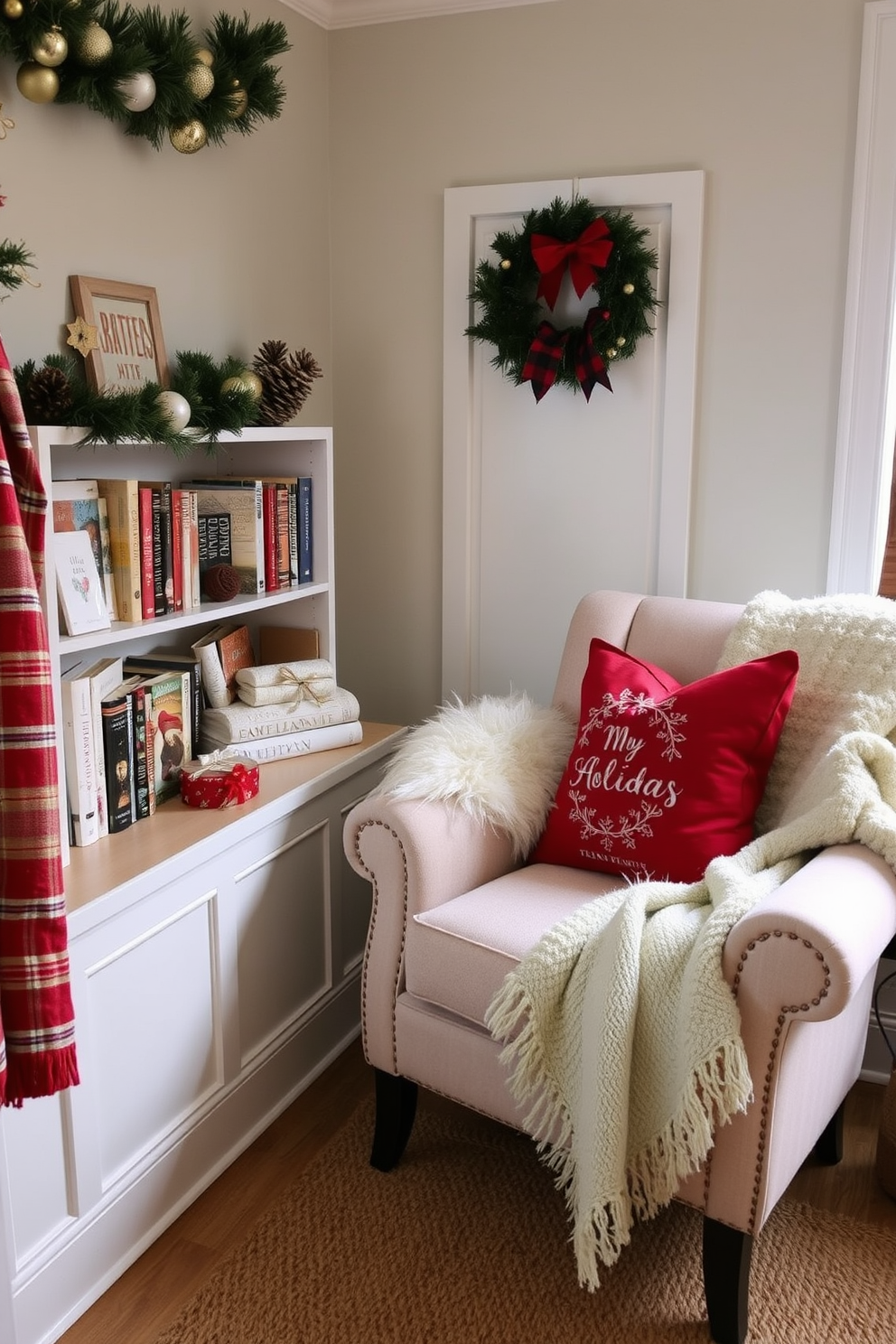 A cozy reading nook filled with plush blankets and soft pillows invites warmth and relaxation. The nook features a comfortable armchair nestled by a window, adorned with a festive throw and decorative cushions. The space is beautifully decorated for Christmas with twinkling fairy lights and a small evergreen tree. Stockings are hung nearby, and a festive garland drapes across the bookshelf, completing the inviting holiday atmosphere.