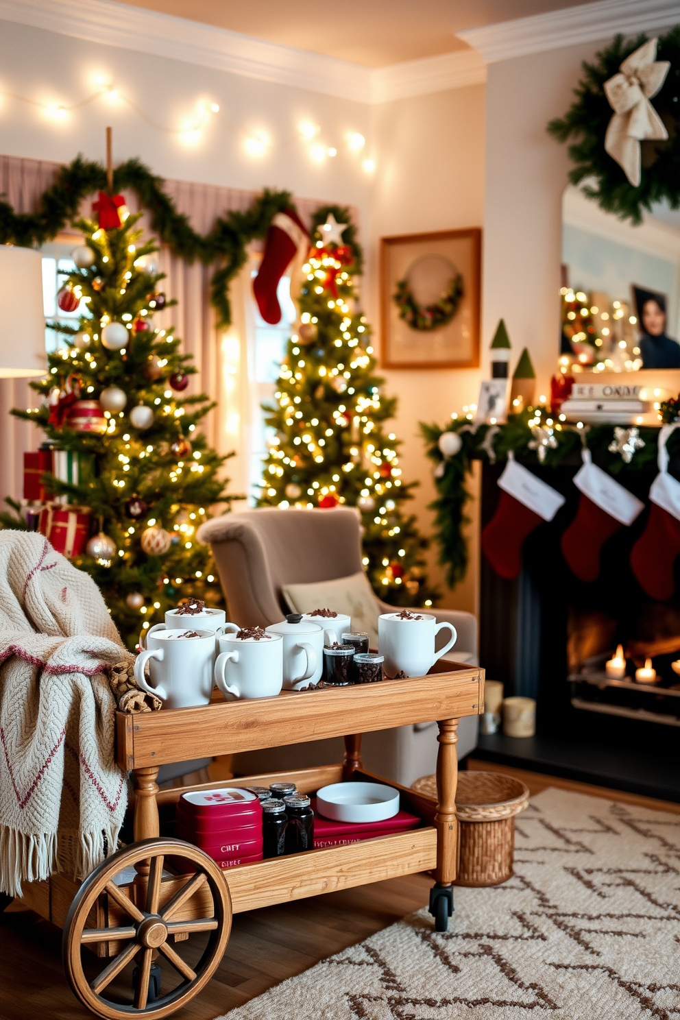 Hot cocoa station for cozy drinks. Picture a charming wooden cart adorned with a variety of mugs, marshmallows, and chocolate shavings. Reading nook. Envision a cozy corner with a plush armchair, a soft throw blanket, and a small bookshelf filled with favorite novels. Christmas decorating ideas. Imagine a festive living room adorned with twinkling fairy lights, a beautifully decorated tree, and stockings hung by the fireplace.