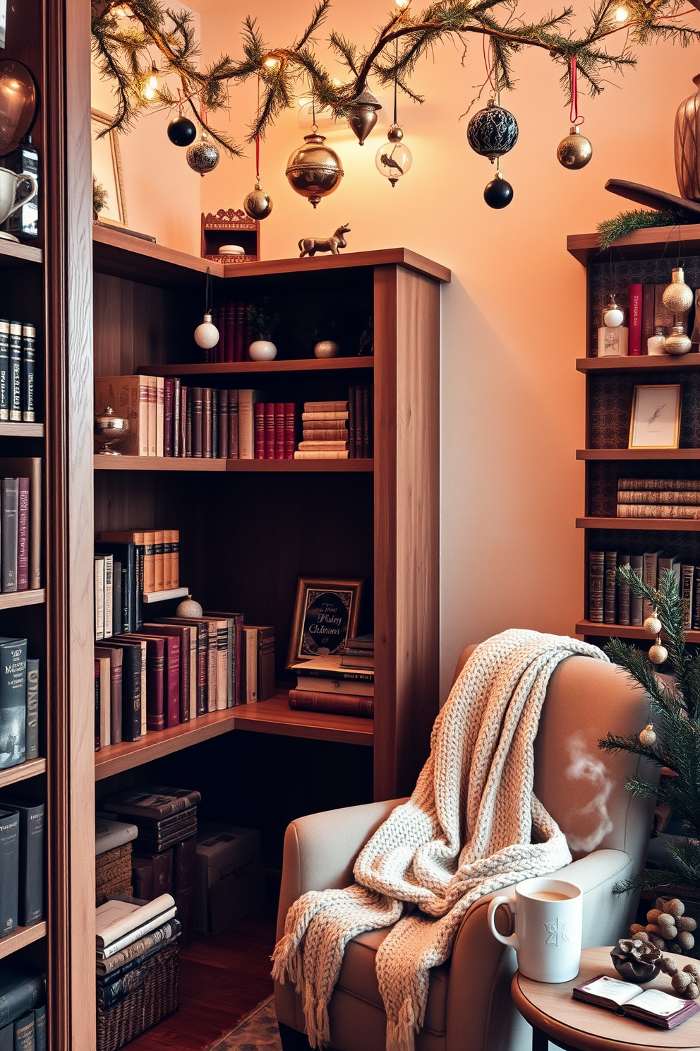 A cozy reading nook adorned with vintage ornaments hanging from wooden shelves. Soft, warm lighting creates an inviting atmosphere, while a plush armchair is nestled in the corner, draped with a knitted throw. The shelves are filled with a curated collection of classic books and charming decorative items. A small side table holds a steaming mug of cocoa, completing the perfect holiday ambiance.