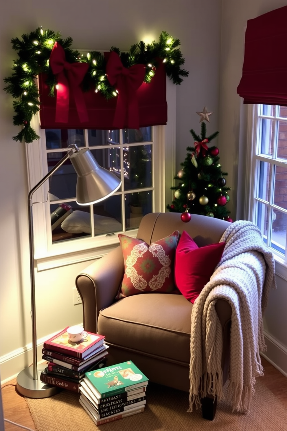 Create a cozy reading nook featuring a comfortable armchair adorned with red and green accent cushions. The nook is illuminated by a soft floor lamp, and a small side table holds a stack of festive books and a cup of hot cocoa. Decorate the space for Christmas with a small evergreen tree in the corner, adorned with twinkling lights and colorful ornaments. A festive garland is draped across the window, and a plush throw blanket is casually thrown over the armchair for added warmth.