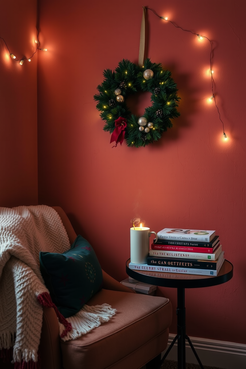 A cozy reading nook adorned with a decorative holiday wreath on the wall. The nook features a plush armchair with a soft throw blanket draped over one side and a small side table holding a steaming cup of cocoa. The walls are painted in a warm, inviting hue, and a string of fairy lights adds a magical glow. A stack of holiday-themed books is neatly arranged on the table, creating a festive atmosphere perfect for curling up with a good read.