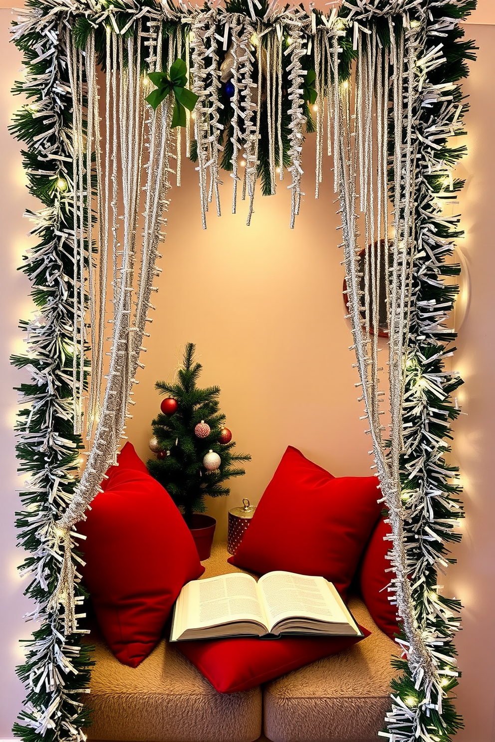 A cozy reading nook adorned for Christmas. Sparkling tinsel drapes elegantly around the nook, enhancing the festive atmosphere. Plush cushions in rich red and green hues invite relaxation. A small, decorated Christmas tree sits in the corner, adding a touch of holiday cheer.