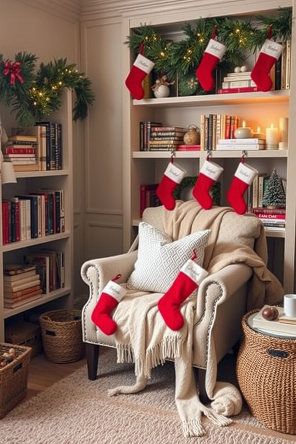 Create a cozy reading nook adorned with miniature stockings that add personal touches to the festive atmosphere. The nook features a comfortable armchair draped with a soft blanket, surrounded by shelves filled with books and holiday decorations.