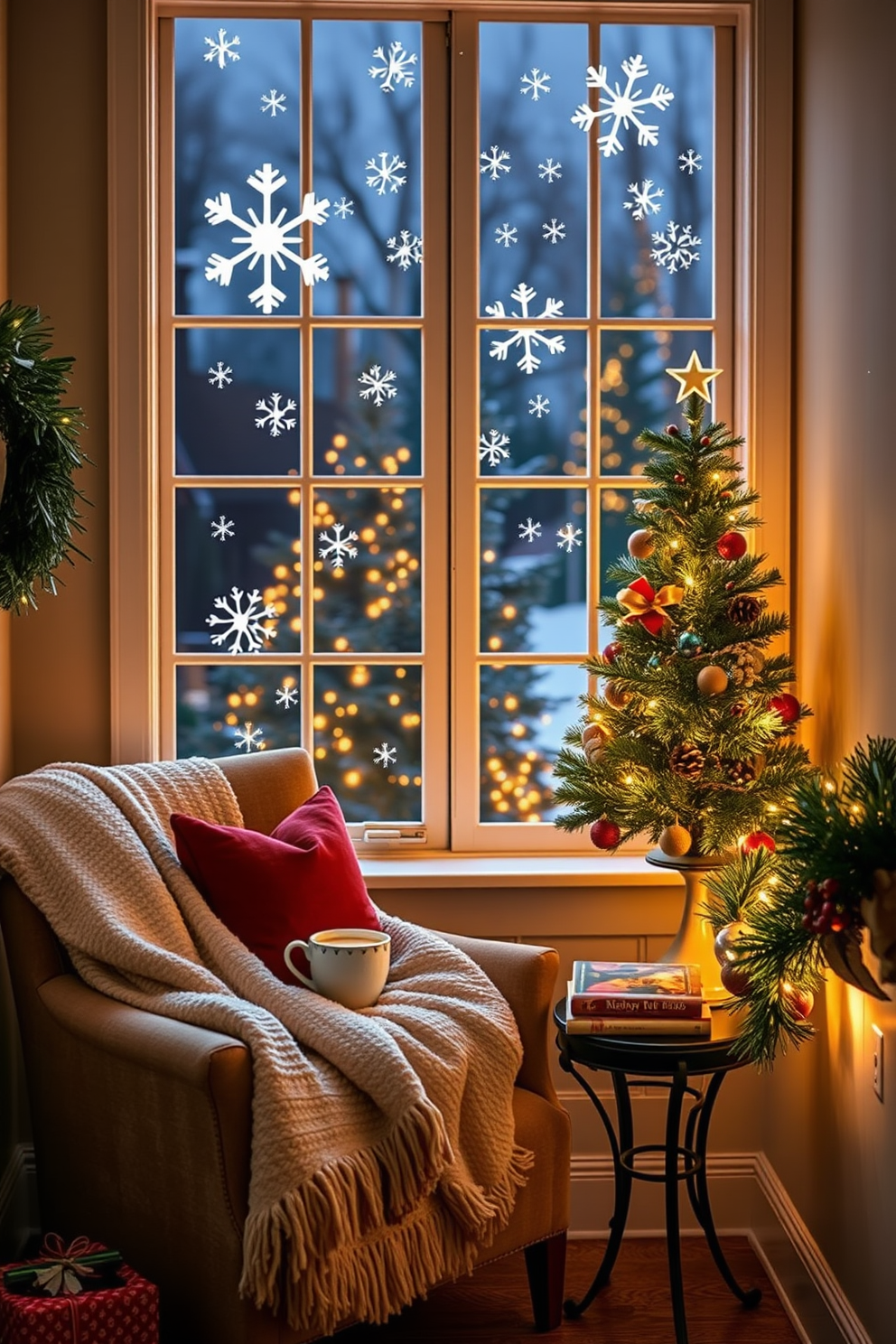 A cozy reading nook adorned with snowflake window decals creates a winter vibe. The nook features a plush armchair draped with a soft blanket, a small side table with a steaming cup of cocoa, and a stack of festive holiday books. For Christmas decorating ideas, the space is filled with warm twinkling lights and a beautifully decorated evergreen tree in the corner. A garland of pinecones and berries wraps around the window sill, enhancing the festive atmosphere.