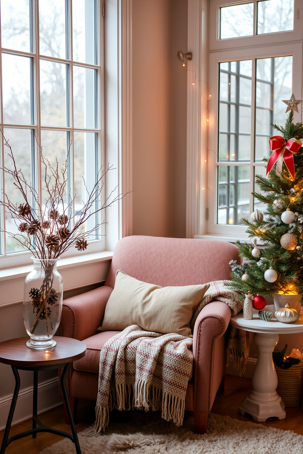 A cozy reading nook featuring a comfortable armchair upholstered in soft fabric positioned next to a large window. A vase filled with pinecones and branches sits on a small side table, adding a natural touch to the festive decor. The nook is adorned with warm, soft lighting and a plush throw blanket draped over the chair. Christmas decorations, including twinkling fairy lights and a small evergreen tree, create a welcoming holiday atmosphere.