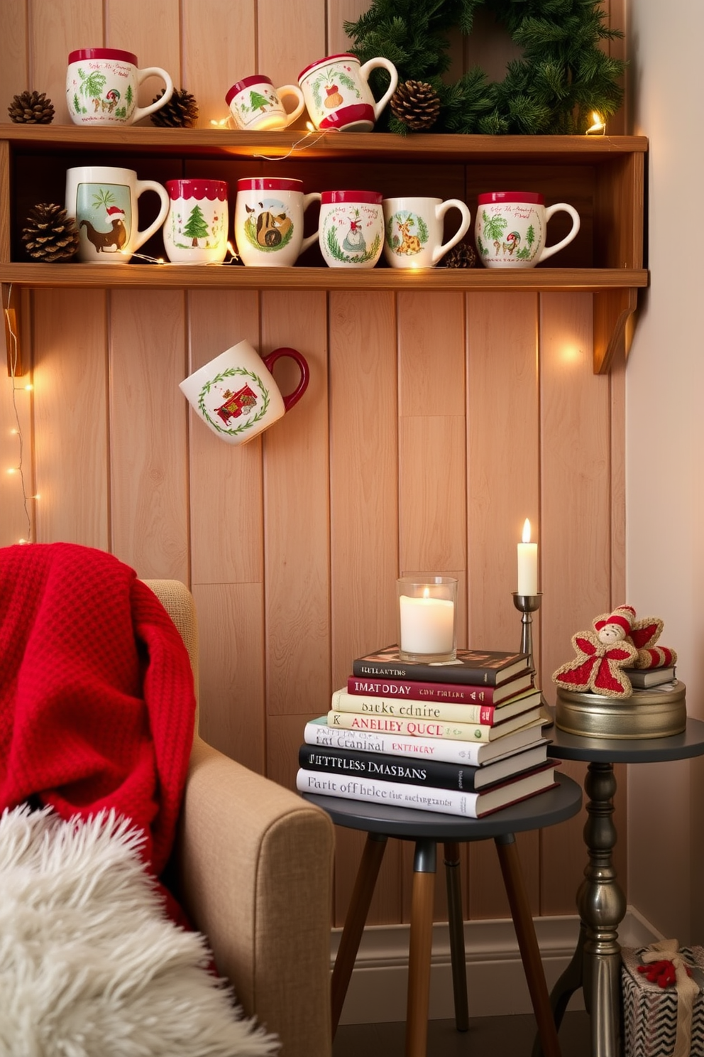 Charming holiday mugs for decoration. A collection of colorful ceramic mugs with festive designs is arranged on a wooden shelf, surrounded by twinkling fairy lights and pinecones. Reading nook Christmas decorating ideas. A cozy armchair is draped with a soft red throw blanket, and a small side table holds a stack of holiday-themed books next to a flickering candle.