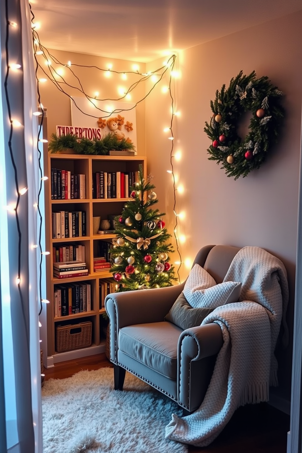 A cozy reading nook adorned with twinkling fairy lights creates a warm and inviting ambiance. A plush armchair is nestled in the corner, surrounded by shelves filled with books and a soft throw blanket draped over the side. For Christmas decorating ideas, the nook is enhanced with festive accents such as a small evergreen tree and seasonal ornaments. A decorative wreath hangs on the wall, complementing the overall holiday spirit while maintaining a cozy atmosphere.