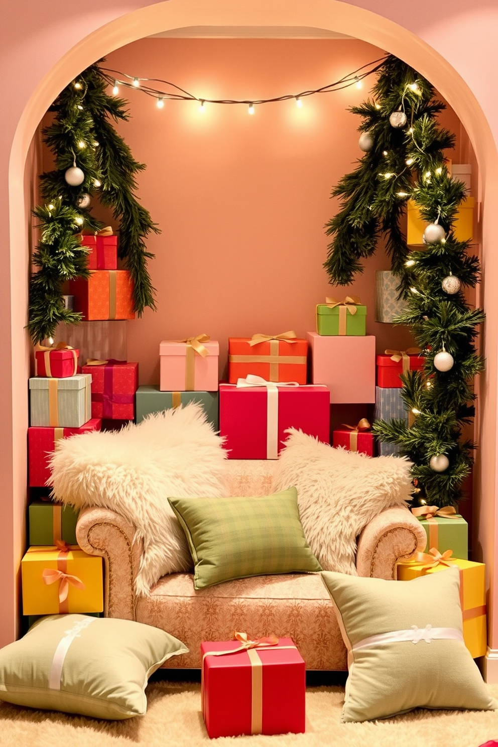 A cozy reading nook adorned with colorful gift boxes as decor accents. Plush cushions in various shades surround a comfortable armchair, creating an inviting space for relaxation. The walls are painted in soft pastel colors, enhancing the festive atmosphere. String lights twinkle above, adding warmth and charm to the Christmas decorating ideas.