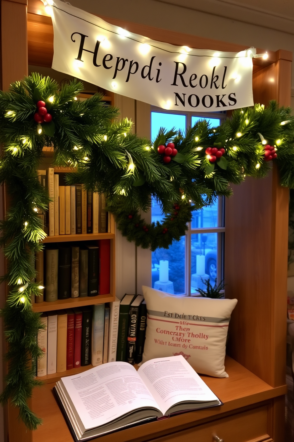 A cozy reading nook adorned for Christmas features a plush armchair draped with a soft blanket. Next to the chair, a small side table holds a steaming mug of cocoa and a stack of festive books. Above the chair, stockings filled with goodies hang from a decorative mantle. The space is illuminated by warm fairy lights, creating a magical ambiance perfect for holiday reading.