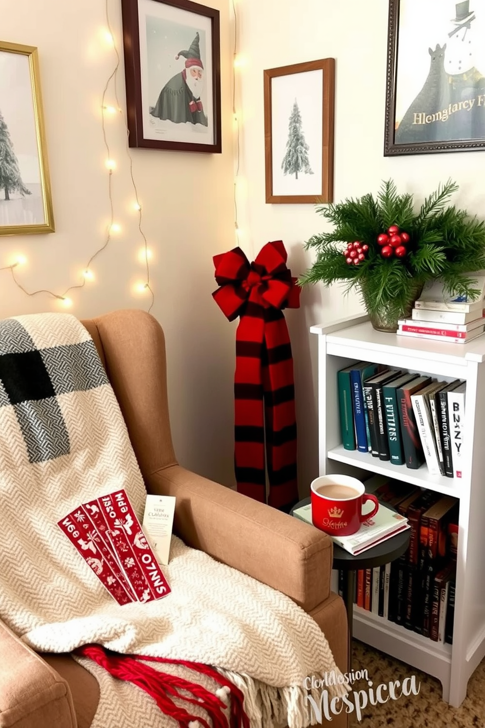 A cozy reading nook filled with layered textures. Soft knitted throws drape over a plush armchair, inviting relaxation and comfort. The nook features a small side table adorned with a festive arrangement of Christmas decorations. A warm glow emanates from a nearby lamp, casting a welcoming ambiance perfect for holiday reading.