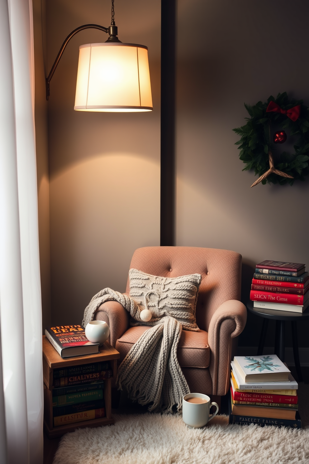 A cozy reading nook adorned with soft lighting emanating from a holiday lampshade. The nook features a plush armchair draped with a knitted throw, surrounded by stacks of festive books and a small side table holding a cup of hot cocoa.