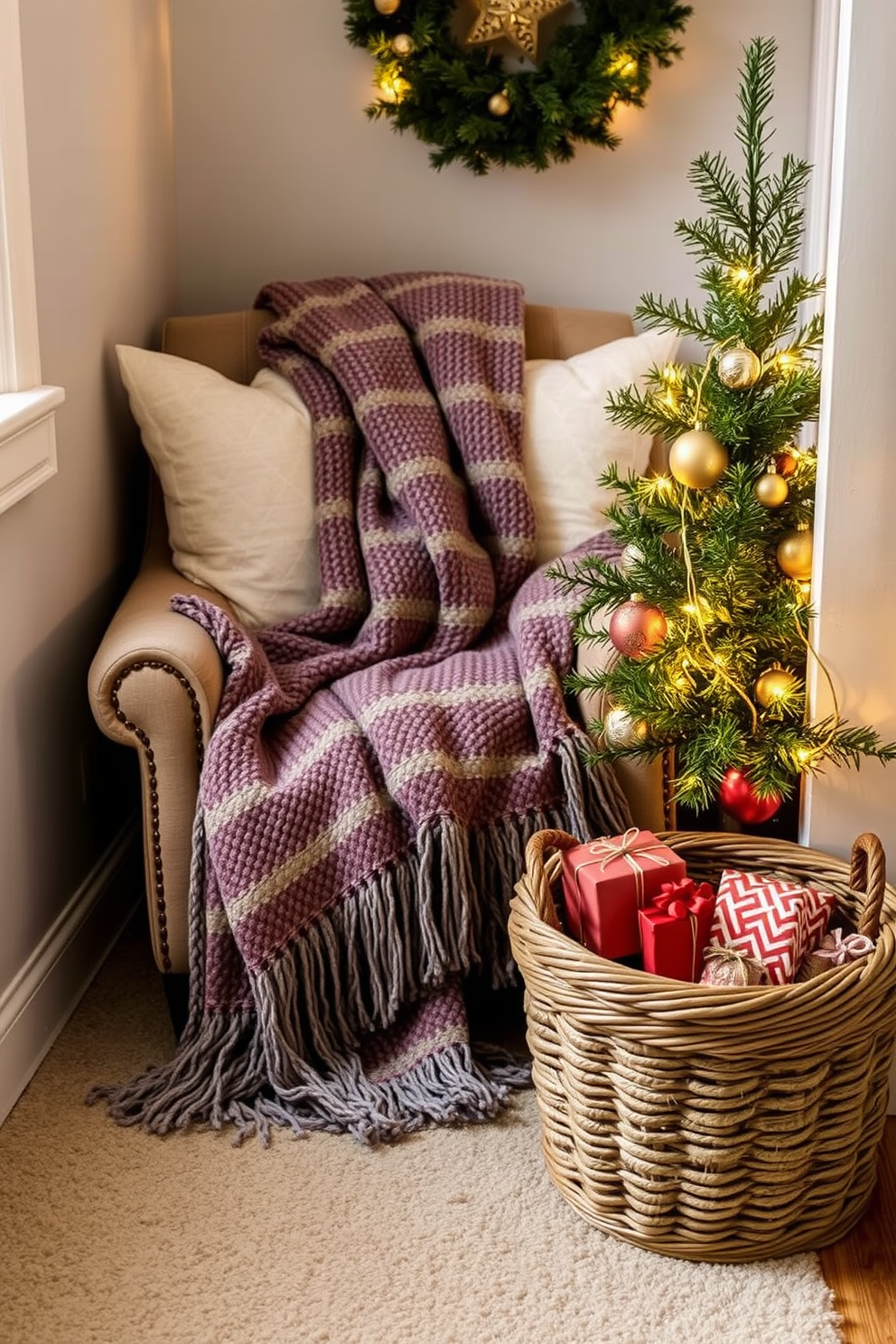 A cozy reading nook adorned with colorful wrapping paper accents. The walls are lined with shelves filled with books, and a plush armchair is draped with a festive blanket. The space is illuminated by soft, warm lighting, creating an inviting atmosphere. Decorative elements include a small tree adorned with ornaments and a stack of beautifully wrapped gifts nearby.