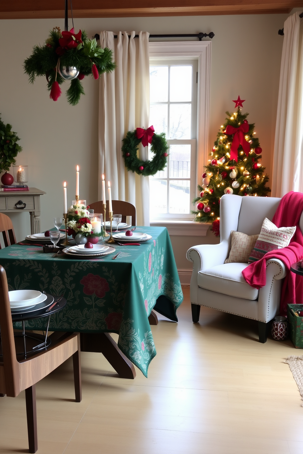 A cozy reading nook featuring a plush armchair upholstered in soft fabric, positioned next to a large window with sheer curtains allowing natural light to filter in. A small side table holds a steaming mug of tea and a stack of books, while a warm throw blanket drapes over the armrest. The bookshelf is adorned with personalized ornaments, including framed photos and unique trinkets collected over the years. Each shelf is thoughtfully arranged with a mix of books and decorative pieces, creating a warm and inviting atmosphere perfect for holiday decorating ideas.