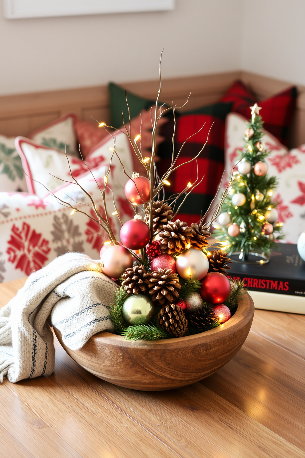 A whimsical holiday centerpiece on the table. The centerpiece features a mix of colorful ornaments, pinecones, and twinkling fairy lights arranged in a rustic wooden bowl. Reading nook Christmas decorating ideas. The nook is adorned with plush cushions in festive patterns, a cozy throw blanket draped over the armrest, and a small tree decorated with miniature ornaments beside a stack of holiday-themed books.