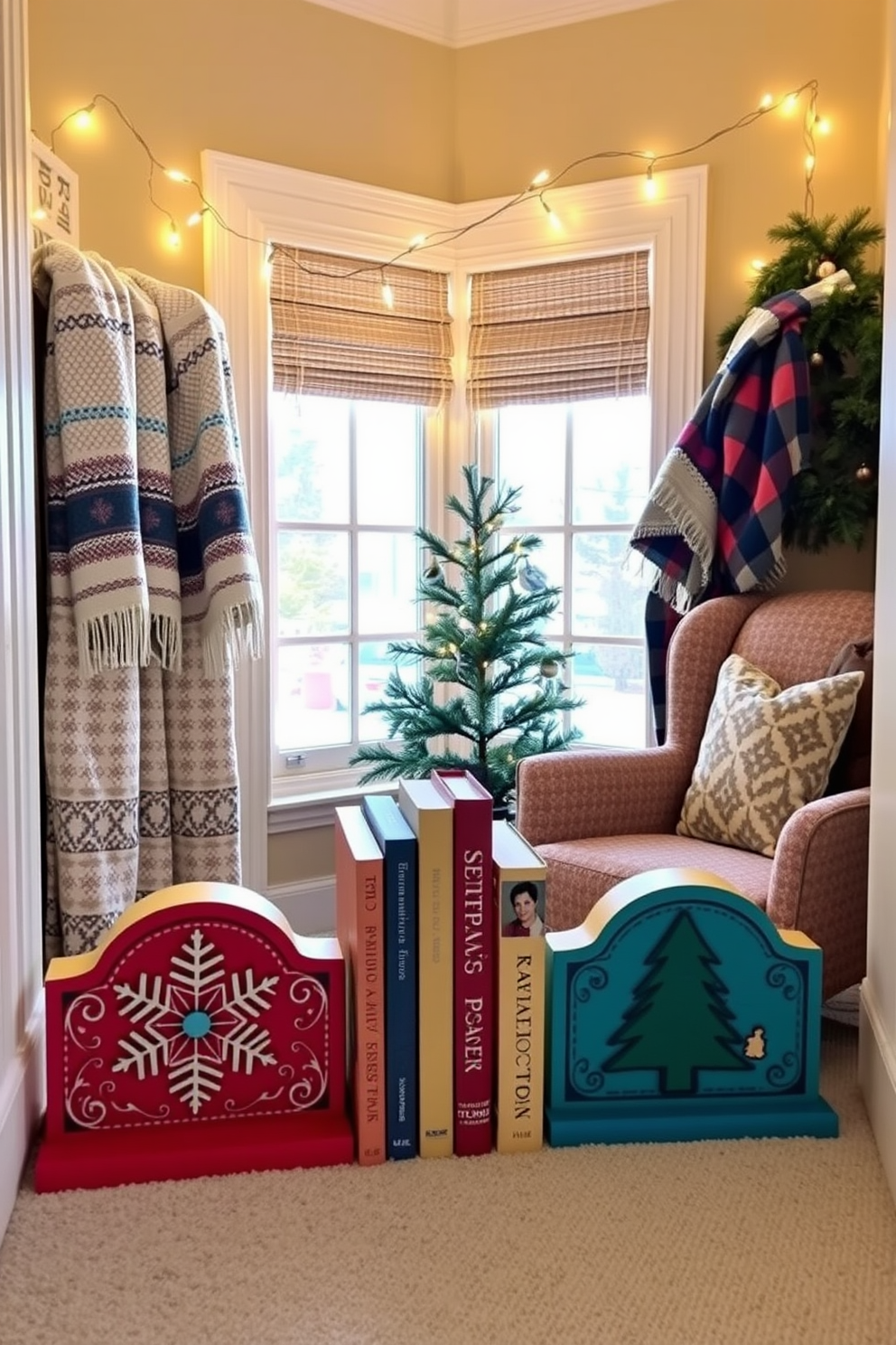 Creative bookends with holiday designs. The bookends feature intricate carvings of festive symbols such as snowflakes and Christmas trees, painted in vibrant colors. Reading nook Christmas decorating ideas. The nook is adorned with cozy blankets, twinkling fairy lights, and a small evergreen tree placed beside a comfortable armchair, creating a warm and inviting atmosphere.