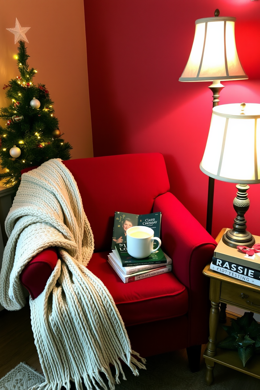 A cozy corner for holiday stories features a plush armchair upholstered in deep red fabric, adorned with a soft knitted throw blanket draped over one side. A small wooden side table holds a steaming mug of hot cocoa and a stack of classic holiday books, inviting you to settle in and enjoy the warmth of the season. The reading nook is illuminated by a warm glow from a vintage floor lamp, casting a soft light over the space. Festive decorations, including twinkling fairy lights and a small evergreen tree adorned with ornaments, create a magical atmosphere perfect for sharing stories by the fire.