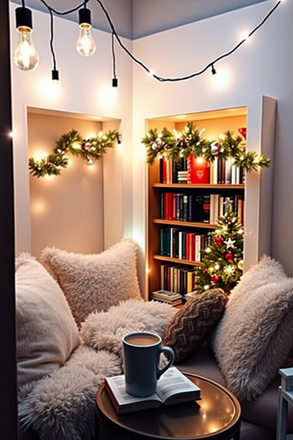 A cozy reading nook adorned with plush cushions and a soft throw blanket. The space is illuminated by hanging string lights that create a warm and inviting atmosphere. Festive decorations fill the nook with Christmas cheer, featuring a small decorated tree and garlands draped over the bookshelves. A cup of hot cocoa rests on a side table, completing the perfect holiday reading retreat.