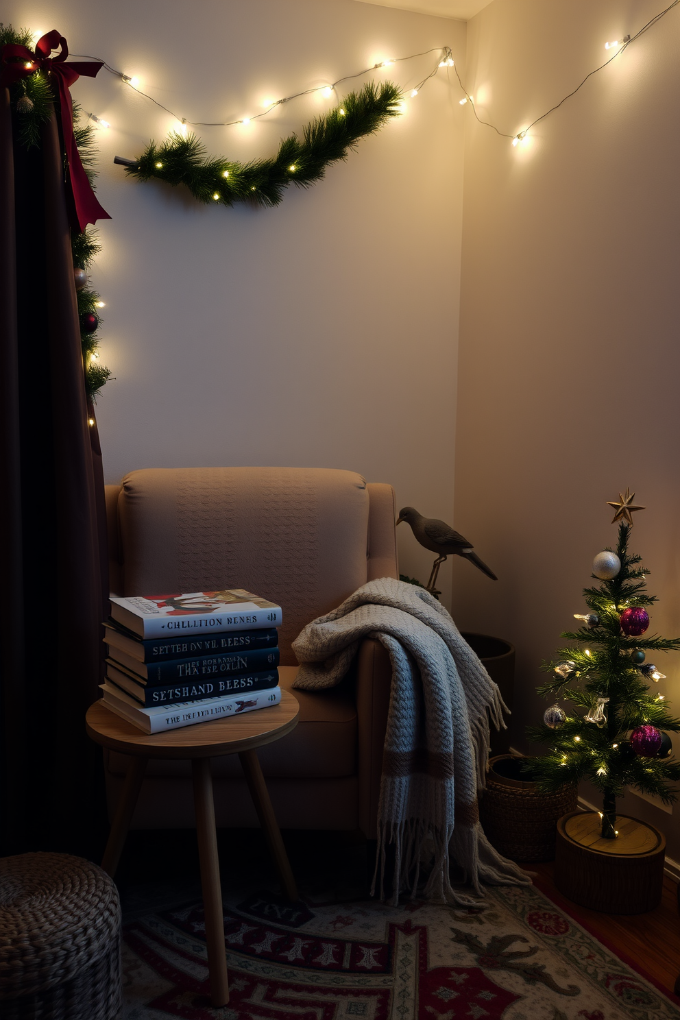 A cozy reading nook adorned with holiday themed decorations. A plush armchair is positioned next to a small wooden side table stacked with festive books and a warm blanket draped over the armrest. Soft fairy lights twinkle above, creating a warm ambiance. A small evergreen tree sits in the corner, decorated with ornaments and a star on top, enhancing the Christmas spirit.