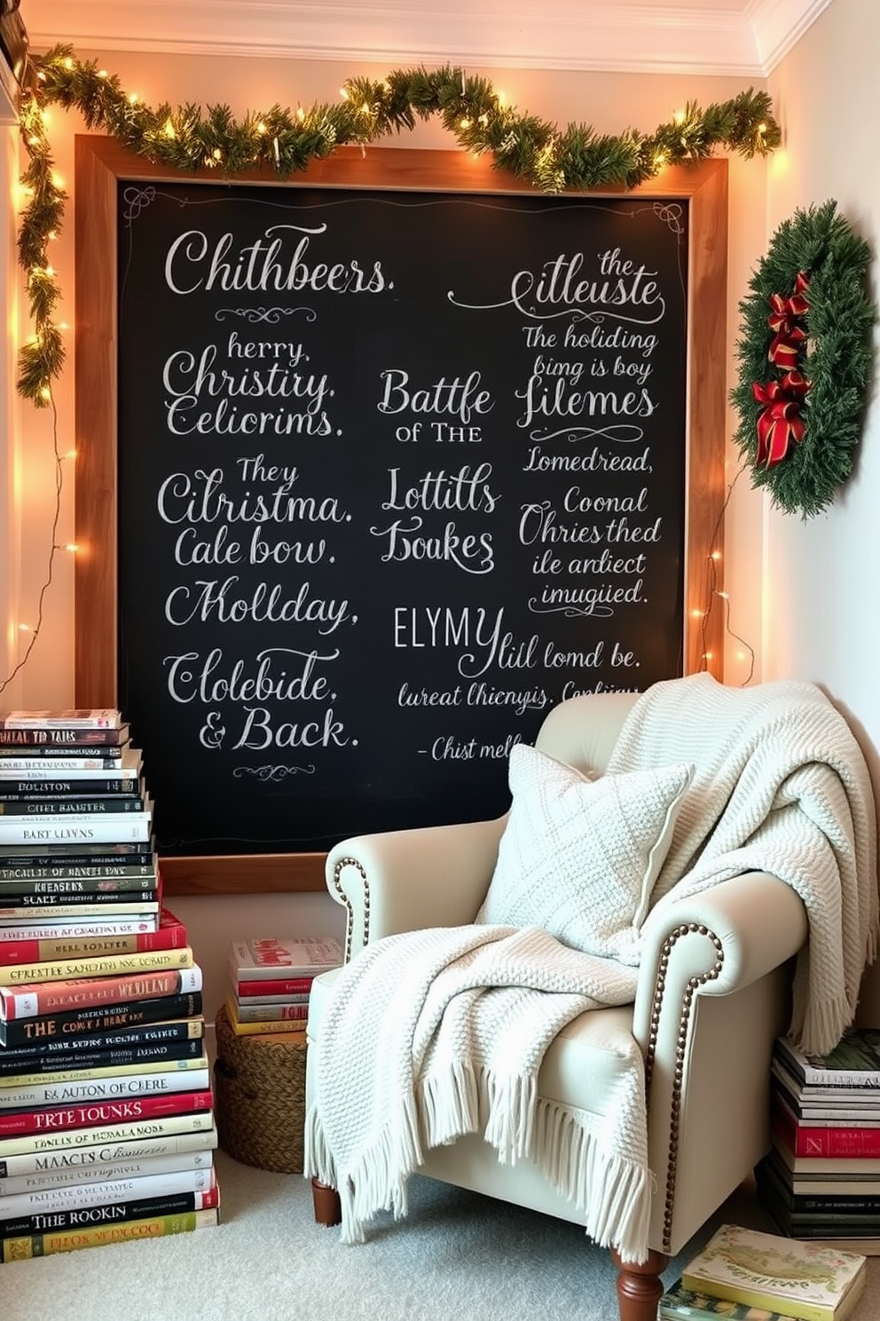 A cozy reading nook adorned with a chalkboard displaying festive holiday quotes. The space features a comfortable armchair draped with a soft blanket, surrounded by stacks of holiday-themed books and twinkling fairy lights.