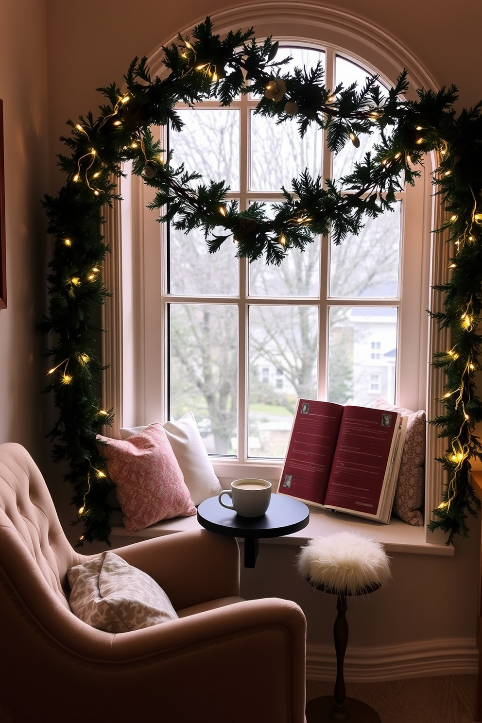 A cozy reading nook adorned with a lush garland draped elegantly over the window seat. The space features a plush armchair, a small side table with a steaming cup of cocoa, and twinkling fairy lights creating a warm ambiance.