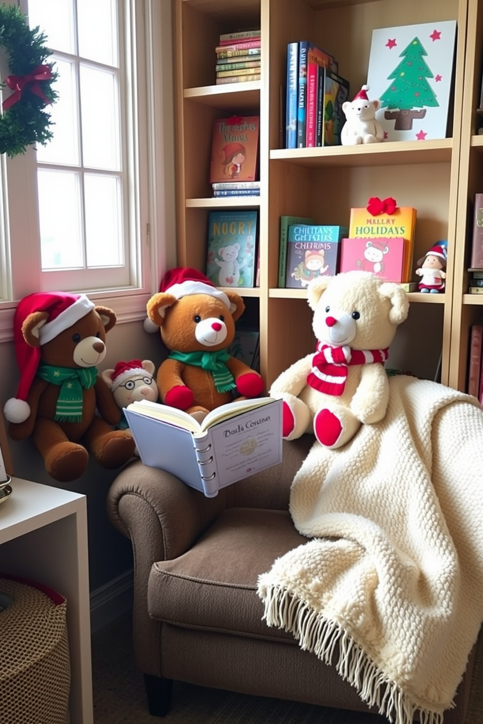 A cozy reading nook adorned with festive throw pillows featuring cheerful holiday prints. The nook is nestled by a window, with soft lighting creating a warm and inviting atmosphere.