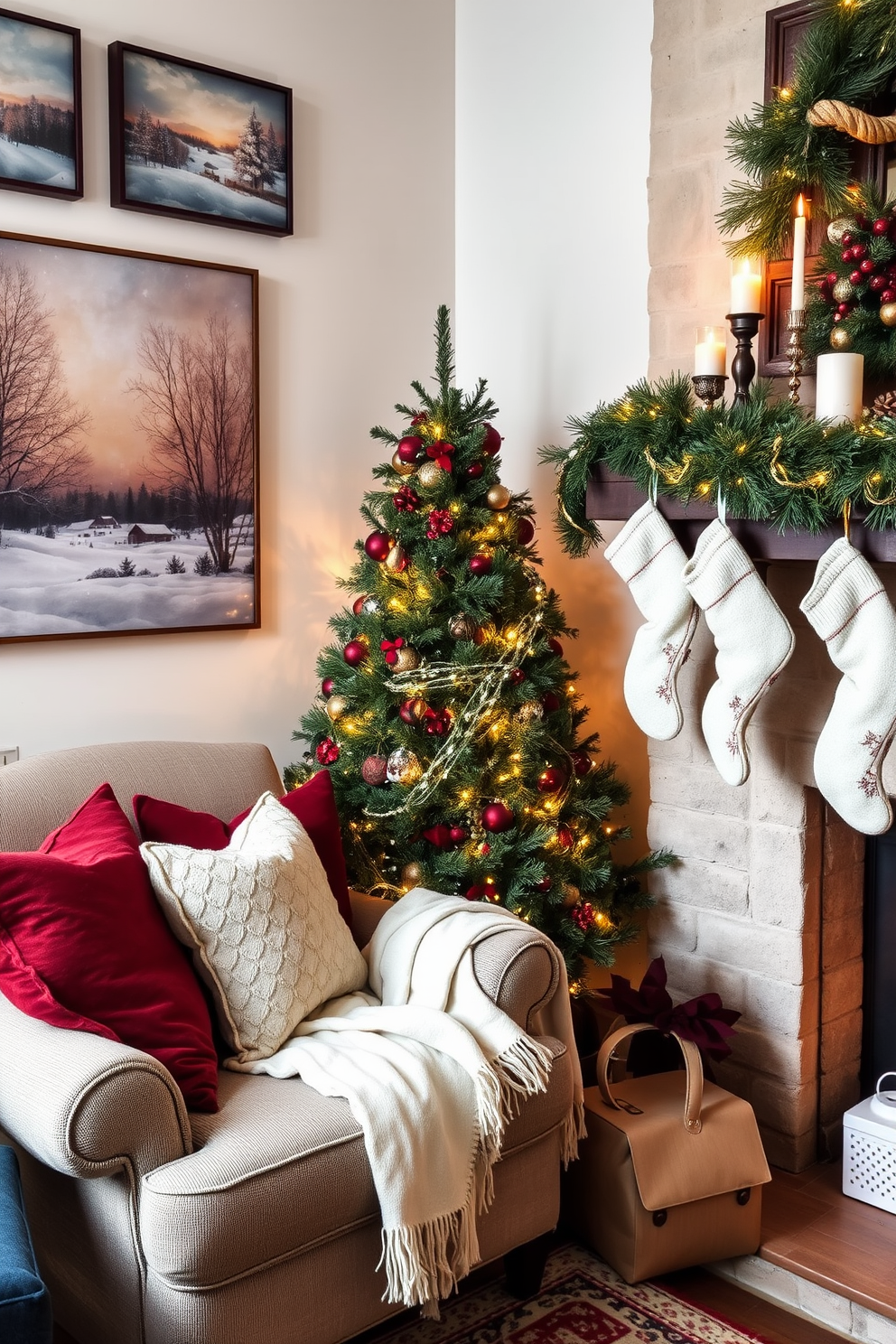 A cozy reading nook adorned with seasonal wall art that reflects the warmth of winter. Plush cushions in rich reds and greens are scattered across a comfortable armchair, with a soft throw blanket draped over the side. For Christmas decorating ideas, a beautifully decorated tree stands in the corner, twinkling lights casting a gentle glow. Stockings hang from a rustic mantel, complemented by festive garlands and candles that enhance the holiday spirit.