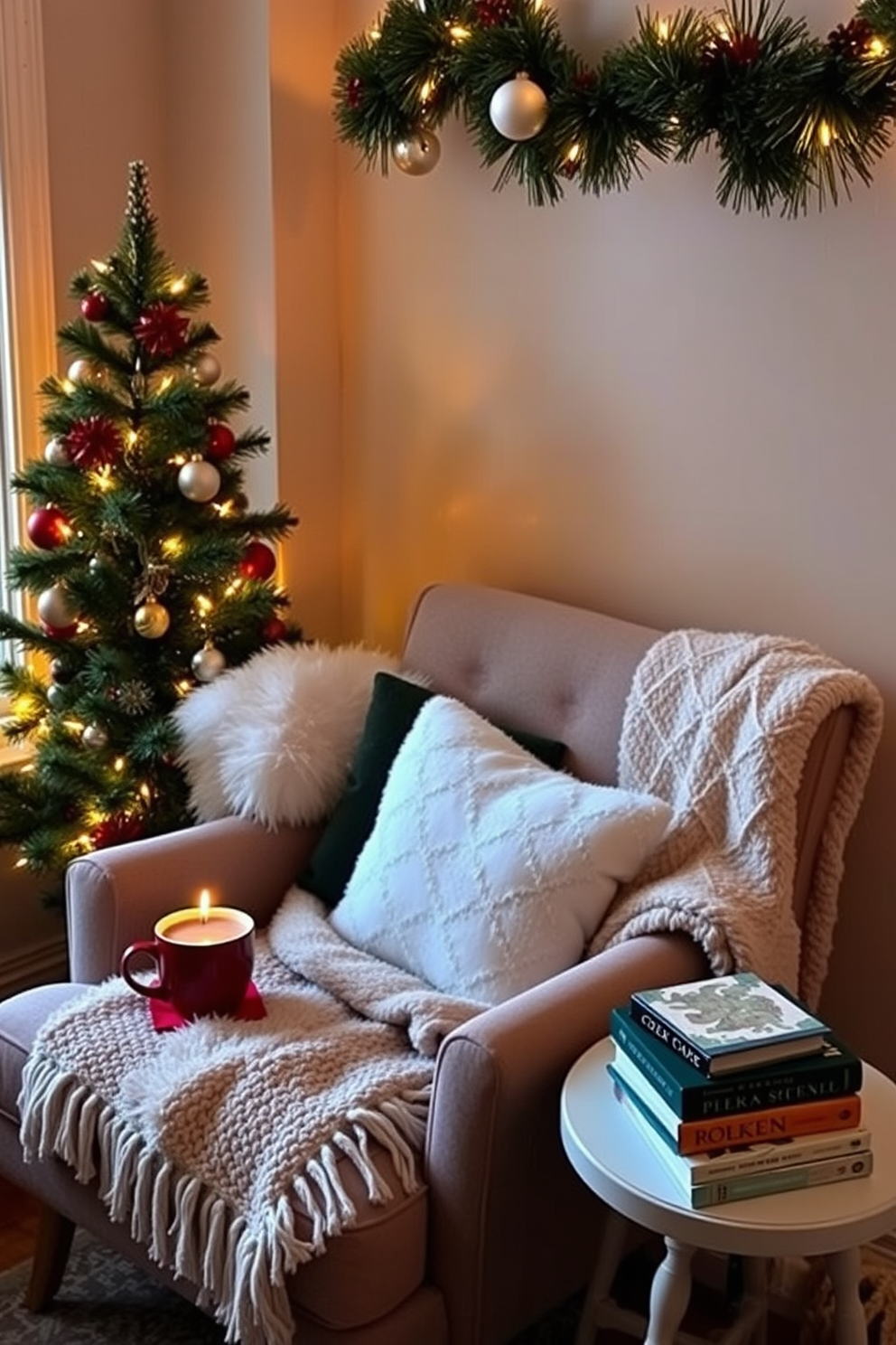 A cozy reading nook adorned for the holidays. A small Christmas tree stands nearby, decorated with twinkling lights and colorful ornaments. Plush cushions and a soft throw blanket are arranged on a comfortable armchair. A small side table holds a steaming cup of cocoa and a stack of festive books.