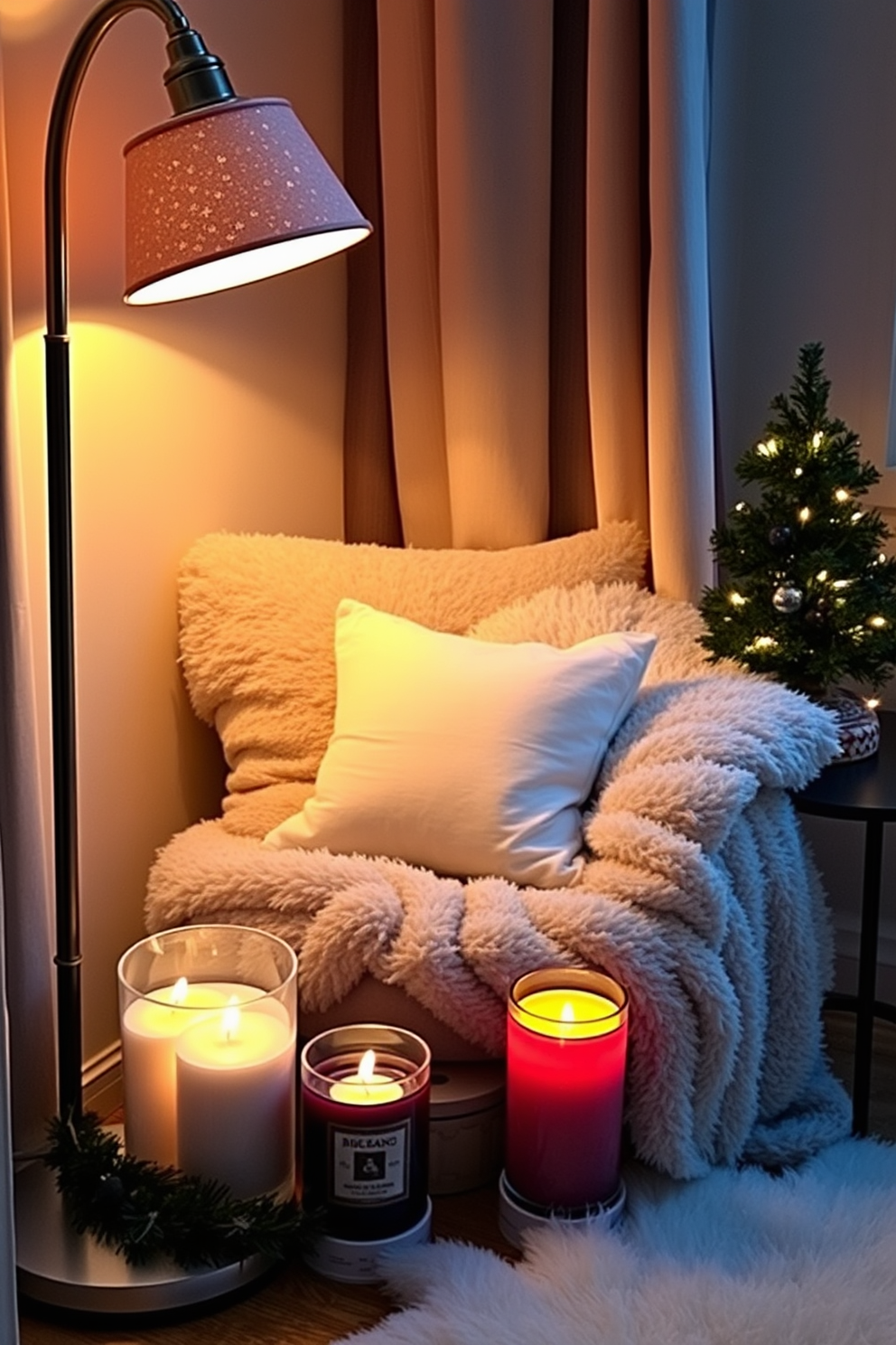 A cozy reading nook adorned with plush cushions and a soft throw blanket. The nook is illuminated by a warm floor lamp, creating an inviting atmosphere for winter evenings. Decorative scented candles in festive winter fragrances are strategically placed on a nearby side table. The space is enhanced with subtle Christmas decorations, including a small evergreen tree and twinkling fairy lights.