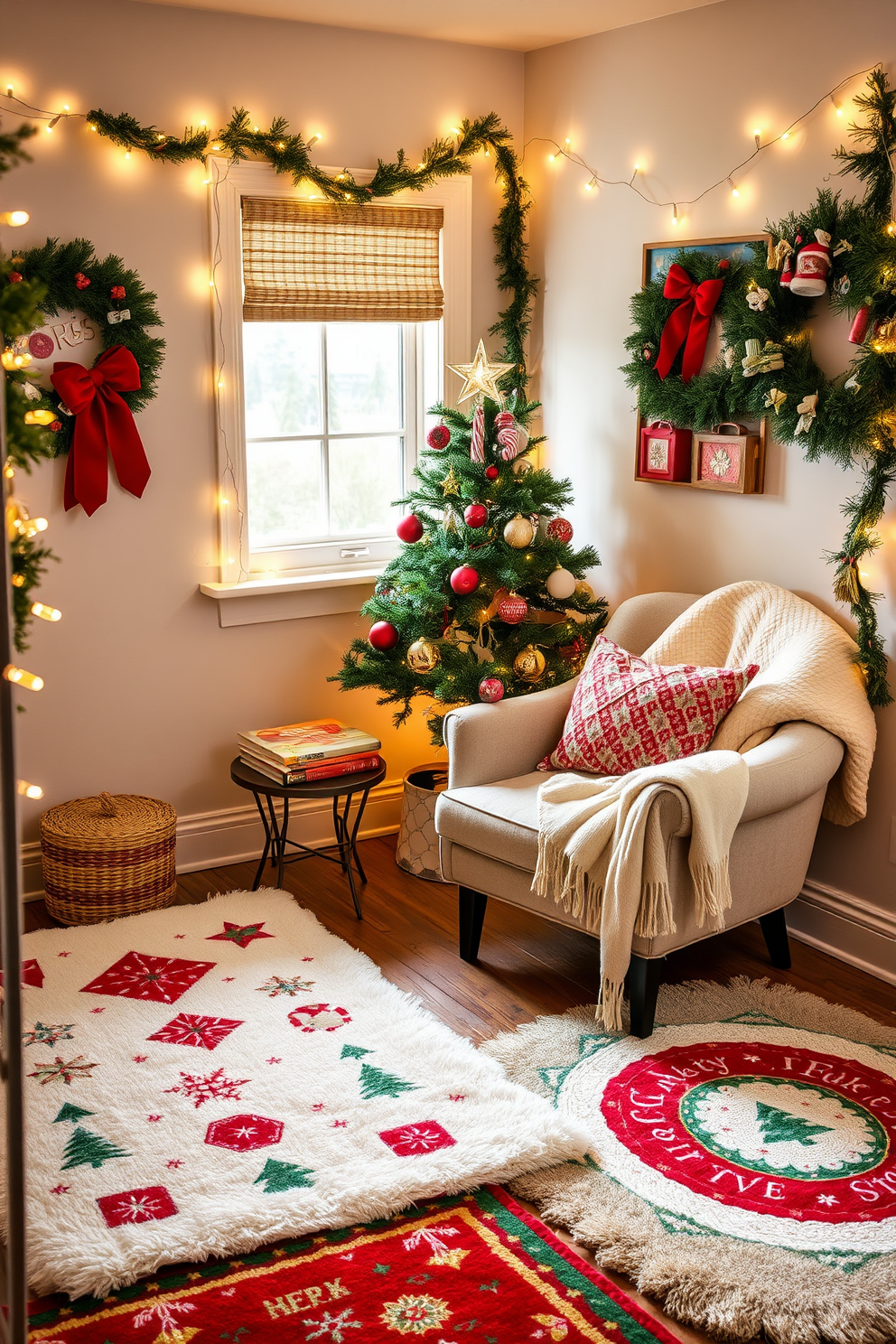 A cozy reading nook adorned with festive throw rugs that add warmth and comfort. The space features a plush armchair, a small side table with a stack of holiday-themed books, and a soft blanket draped over the chair. Christmas decorations bring a cheerful spirit to the nook, with twinkling fairy lights strung along the walls. A small evergreen tree sits in the corner, decorated with ornaments and a star on top, creating a perfect holiday atmosphere.