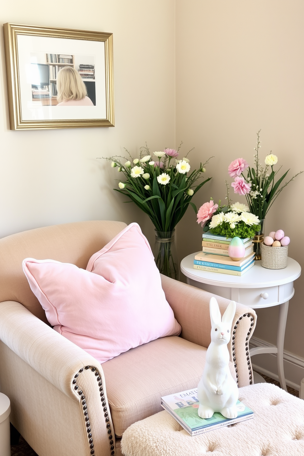 A cozy reading nook features a plush armchair adorned with soft pastel throw pillows. The space is enhanced by a small side table holding a stack of colorful books and a decorative lamp, creating an inviting atmosphere for relaxation. Easter decorations bring a festive touch with pastel-colored eggs and floral arrangements placed around the nook. A cheerful bunny figurine sits on the table, adding a whimsical element to the cozy setting.