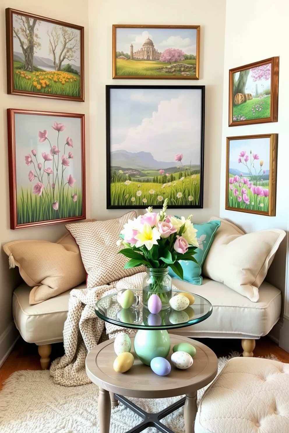 Charming wall art featuring spring scenes adorns the walls of a cozy reading nook. The space is filled with soft cushions and a plush throw blanket, inviting relaxation and enjoyment of the beautiful artwork. Easter decorating ideas bring a festive touch to the nook, with pastel-colored accents and cheerful decorations. A small table holds a vase of fresh flowers alongside decorative eggs, enhancing the seasonal ambiance.