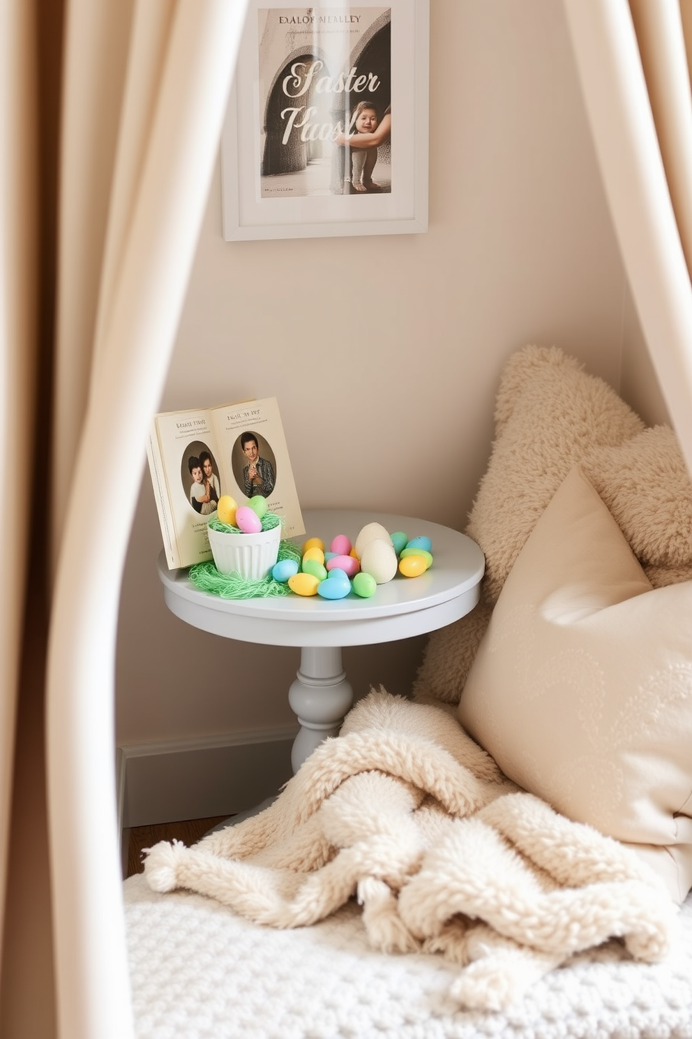 A cozy reading nook featuring a small side table adorned with a variety of colorful Easter treats. The nook is surrounded by plush cushions and a soft throw blanket, creating a warm and inviting atmosphere.