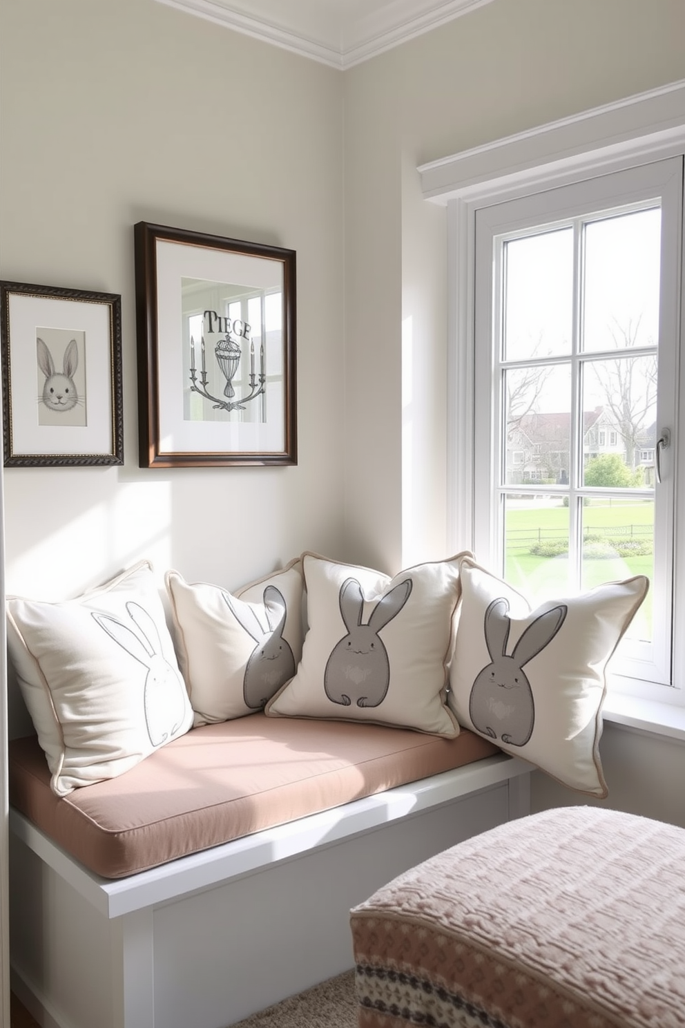 A cozy reading nook adorned with decorative pillows featuring charming bunny motifs. The nook is situated by a large window, allowing natural light to fill the space, creating a warm and inviting atmosphere.