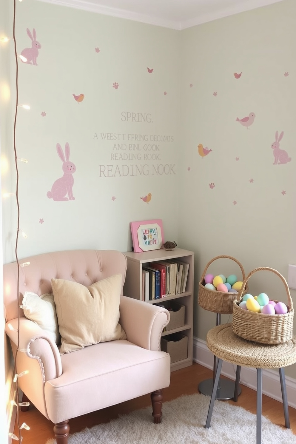 A cozy reading nook featuring a plush armchair adorned with seasonal throw pillows that have inspiring quotes. The nook is bathed in natural light from a nearby window, with a small bookshelf filled with colorful books and a soft throw blanket draped over the armchair. For Easter decorating ideas, the space is accented with pastel-colored decorations including eggs and bunnies. A cheerful floral arrangement sits on a side table, complementing the overall festive atmosphere of the reading nook.