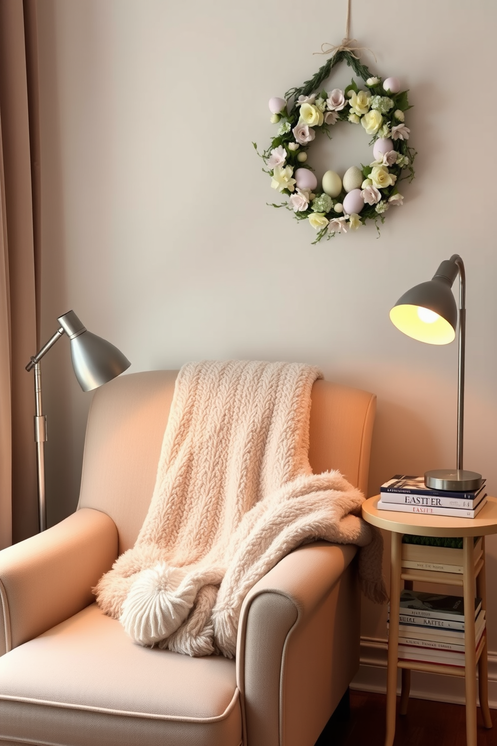 A cozy reading nook featuring a plush armchair upholstered in soft fabric. A stylish reading lamp with a warm glow stands beside the chair, illuminating a small side table stacked with books. The nook is adorned with pastel-colored Easter decorations, including a delicate wreath made of flowers and eggs hung on the wall. A fluffy throw blanket drapes over the armchair, adding a touch of comfort and seasonal charm.