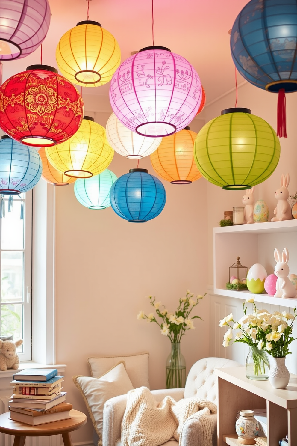 Colorful paper lanterns hang from the ceiling, creating a vibrant atmosphere filled with light and joy. The lanterns are adorned with intricate patterns and come in various sizes, enhancing the festive flair of the space. A cozy reading nook is nestled by a window, featuring a plush armchair and a small side table stacked with books. Soft cushions and a warm throw blanket invite relaxation, making it the perfect spot to unwind with a good read. Easter decorations bring a playful touch to the room, with pastel-colored eggs and bunny figurines artfully arranged on shelves. Fresh flowers in a vase add a seasonal charm, completing the cheerful ambiance of the space.