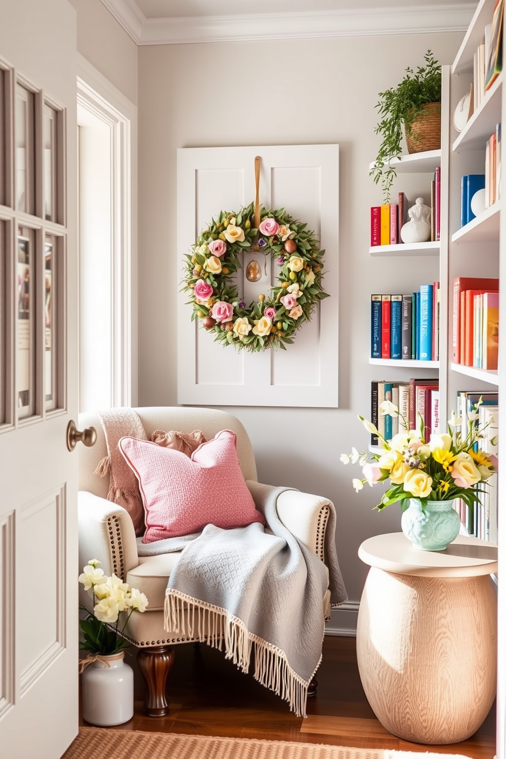 A charming reading nook adorned with a seasonal wreath on the door welcomes you inside. The nook features a cozy armchair draped with a soft throw blanket, surrounded by shelves filled with colorful books and decorative accents. Easter decorating ideas bring a fresh and festive touch to the space. Delicate pastel hues and cheerful floral arrangements enhance the inviting atmosphere, creating a perfect spot for relaxation and inspiration.