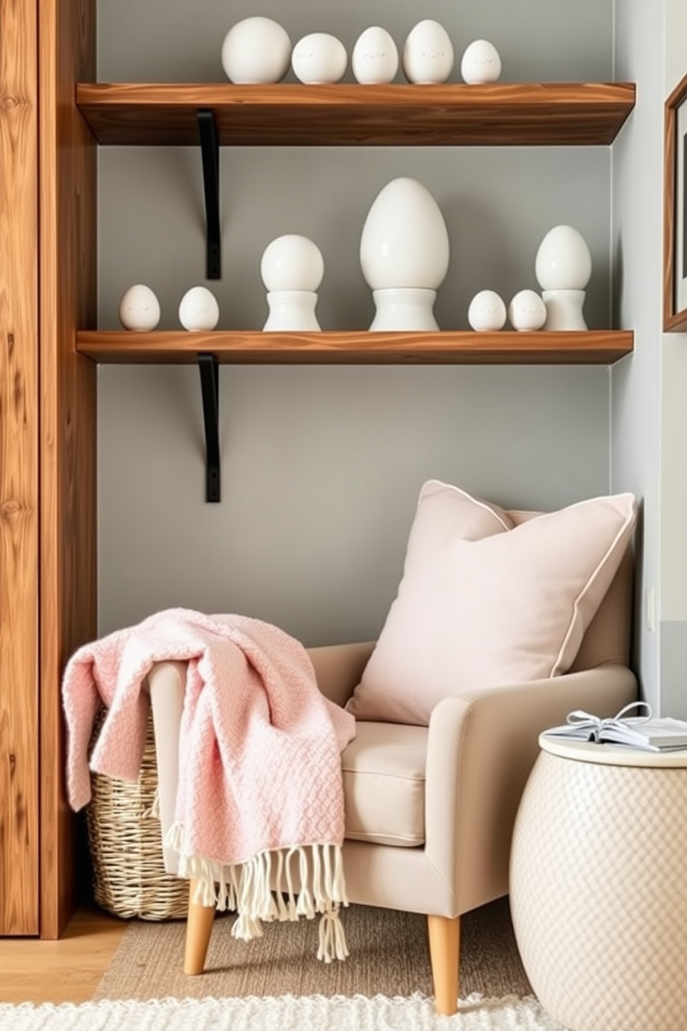 A cozy reading nook filled with cute ceramic planters that hold vibrant flowers. The nook features a comfortable armchair draped with a soft throw blanket and a small side table stacked with books. The space is adorned with cheerful Easter decorations, including pastel-colored eggs and bunny figurines. Soft natural light streams in through a nearby window, creating a warm and inviting atmosphere.