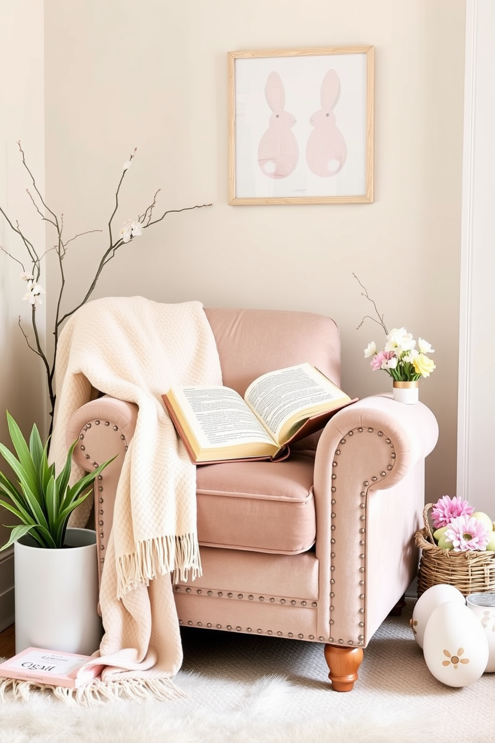 A beautifully set dining table adorned with a pastel-colored Easter-themed table runner featuring floral patterns. The table is surrounded by elegant chairs, and on top of the runner, there are decorative eggs and a centerpiece of fresh spring flowers. A cozy reading nook filled with plush cushions and a soft throw blanket. The nook is decorated with Easter-themed accents, including bunny figurines and pastel-colored bookshelves, creating a warm and inviting atmosphere.