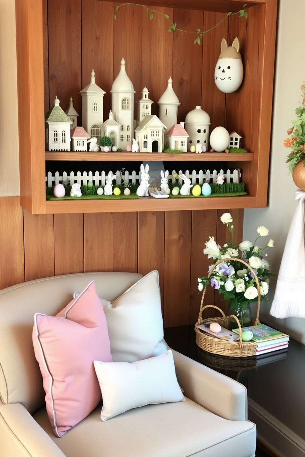 A charming miniature Easter village display is arranged on a wooden shelf. The village features pastel-colored houses, tiny bunnies, and decorative eggs, creating a whimsical atmosphere. A cozy reading nook is enhanced with Easter decorations. Soft cushions in spring colors are placed on a comfortable chair, and a small table holds a basket filled with Easter-themed books and a vase of fresh flowers.