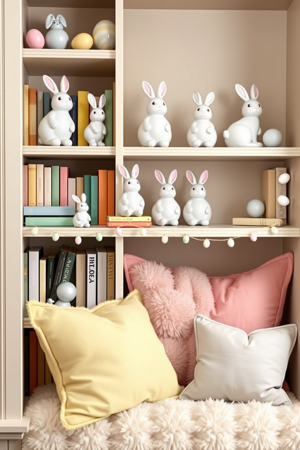 Easter-themed bookshelf decorations with bunnies create a whimsical and festive atmosphere. Soft pastel colors and playful bunny figurines are arranged among books, adding charm and cheer. In the reading nook, plush cushions in spring colors invite relaxation. Delicate garlands of Easter eggs and small bunny accents enhance the cozy, inviting space.